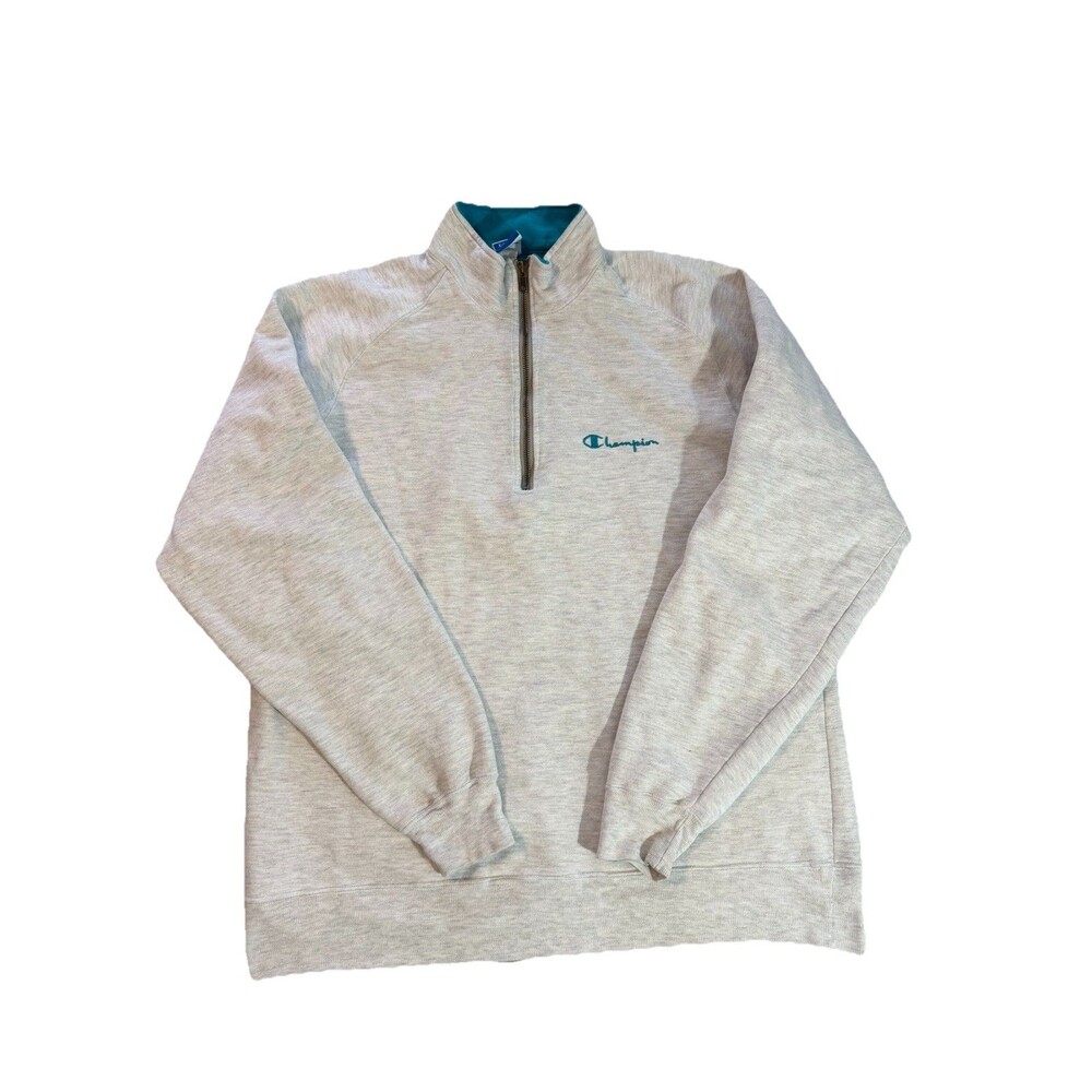 Vintage 90s Champion 1/4 Zip Sweatshirt Mens XL Gray Made in USA Teal Spellout